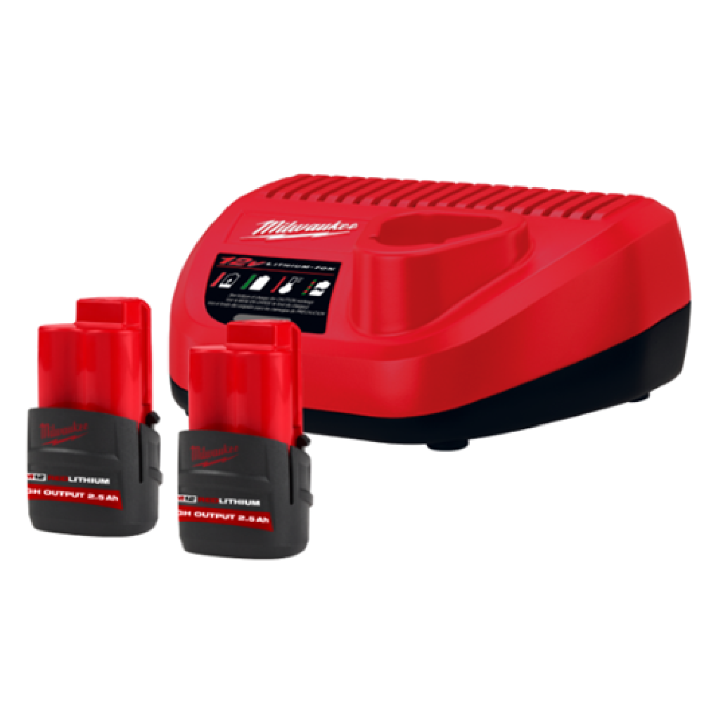 MILWAUKEE M12 HB 2.5AH DUAL BATTERY PACK (2 X 12V HIGH OUTPUT 2.5AH RED LITHIUM-ION Battery & C12C Charger)